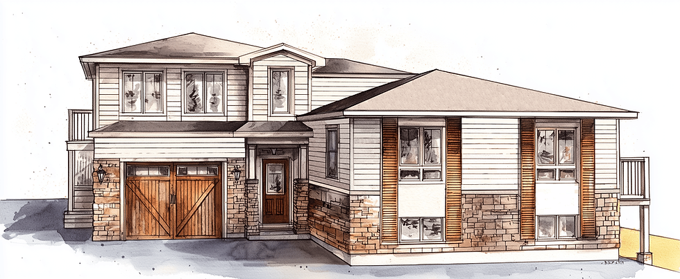 Front 3d view of a single family home with attached garage, centered entrance with canopy, tradition