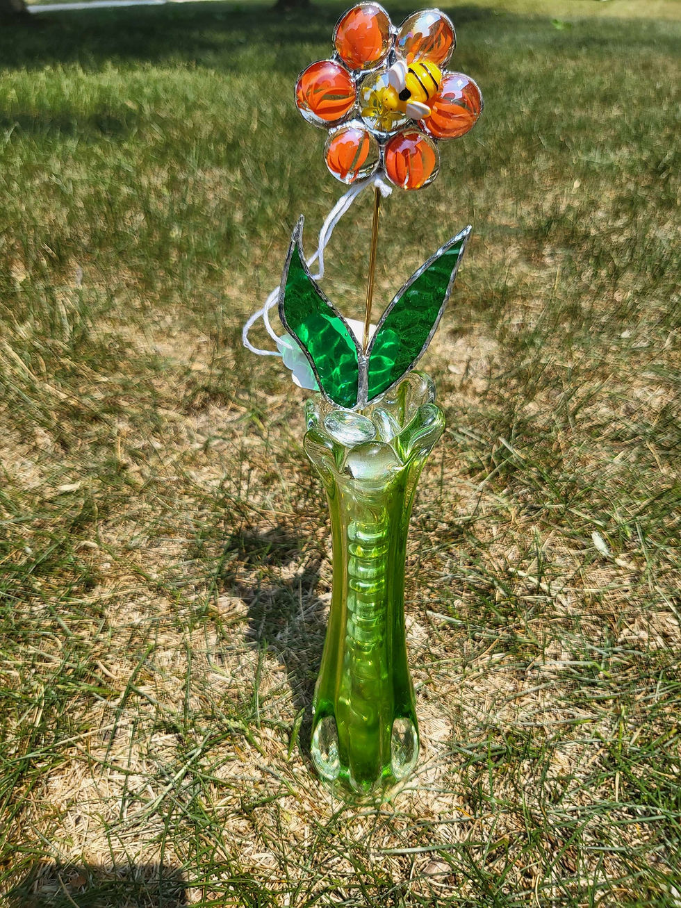 Thumbnail: Glass Rock Flower Stake with Resin Bee, decorative art, flower in green glass vase.