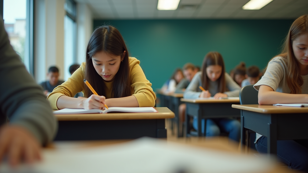 Eye-level view of classroom with students studying intensely
