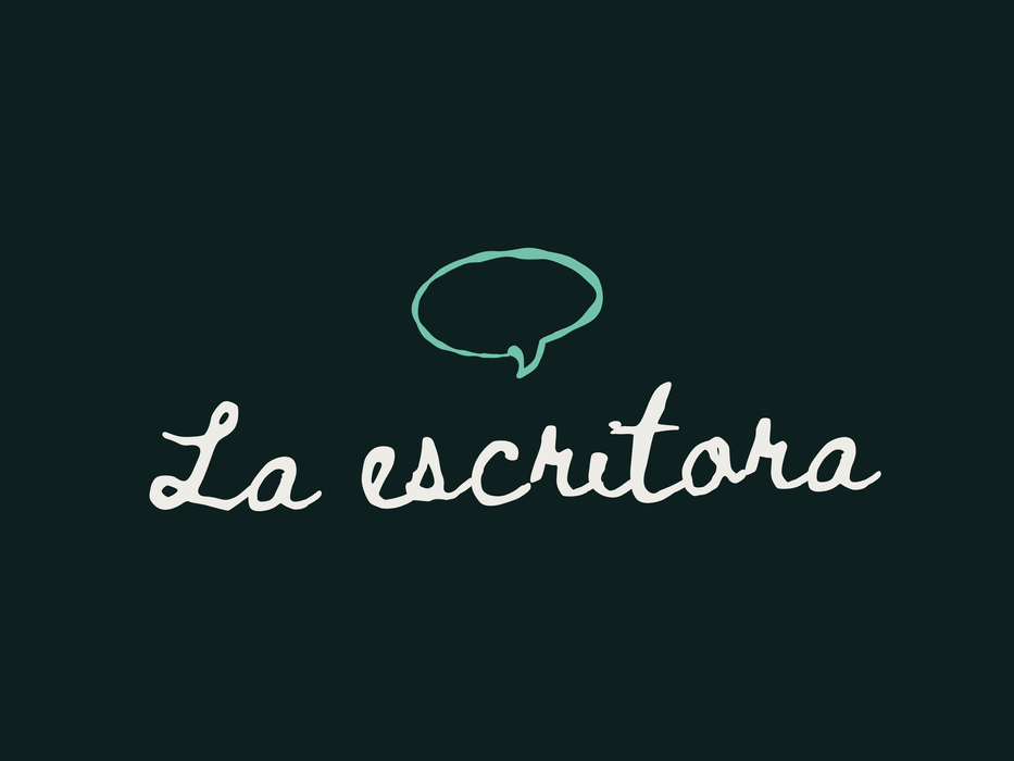 La escritora: logo con burbuja de diálogo y texto hasi