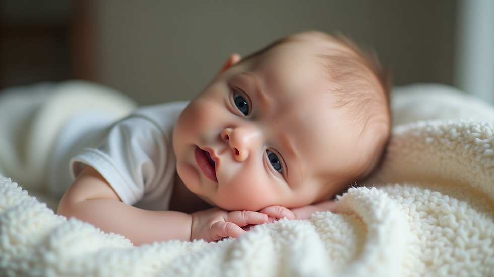 Close-up view of a baby’s head resting gently on a soft blanket