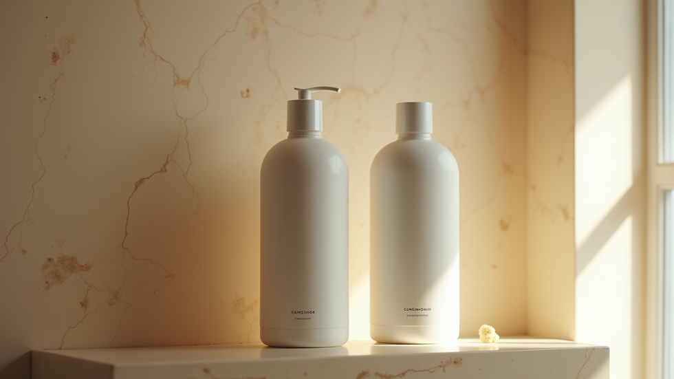 Eye-level view of shampoo and conditioner bottles on a bathroom shelf