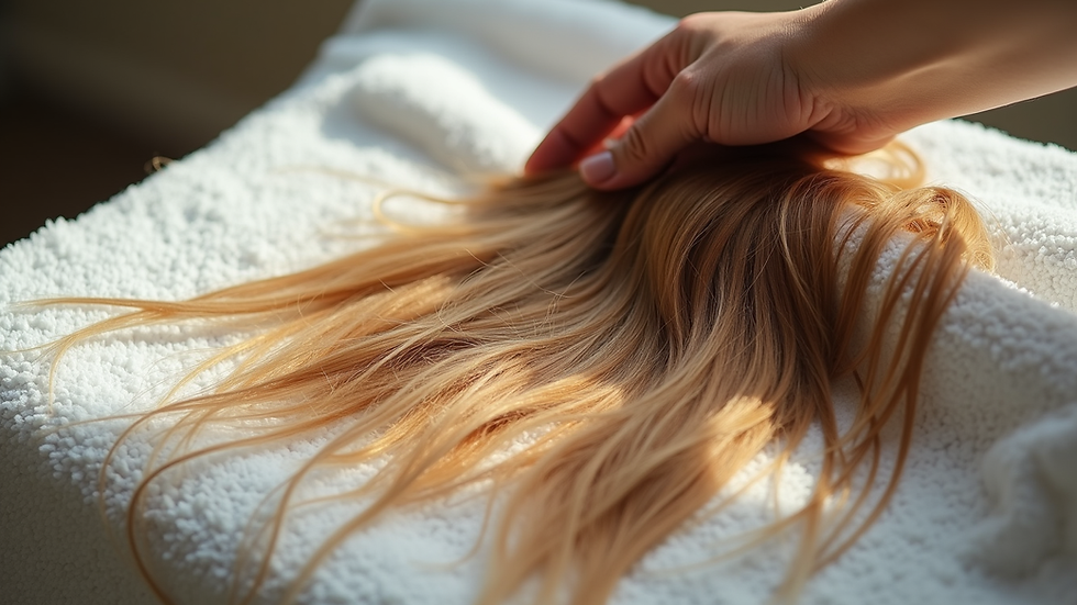 High angle view of hair extensions drying on a towel after washing