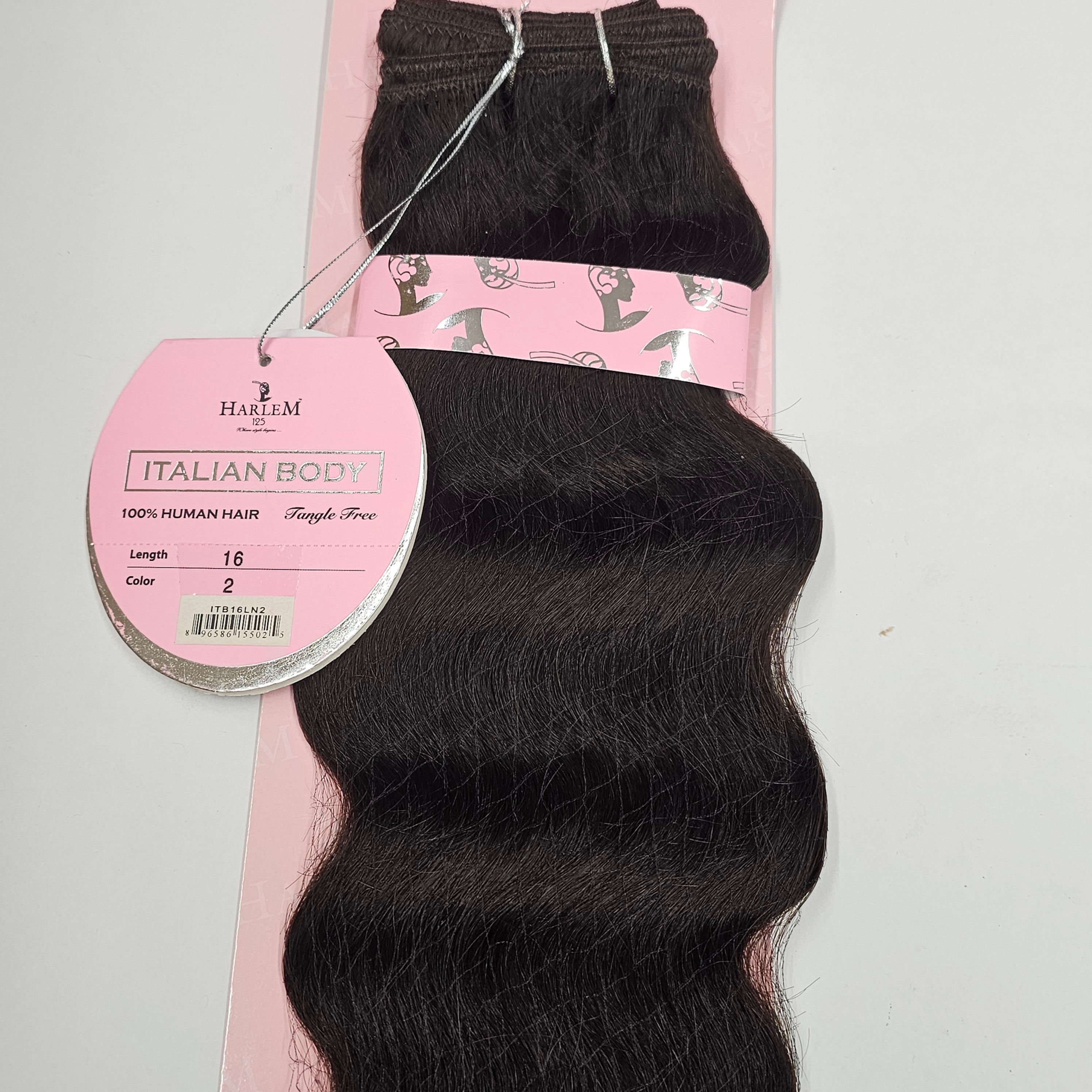Human hair weave tangle-free Italian body wave; curly sew-in weft.