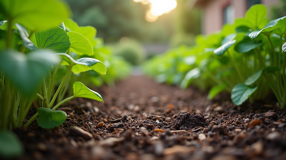 Eye-level view of a lush garden bed covered with mulch and thriving plants