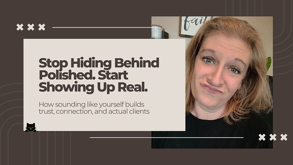 Text Reads: "Stop Hiding Behind polished. Start Showing up for real." Photo of Cat Markel with a meh look on her face
