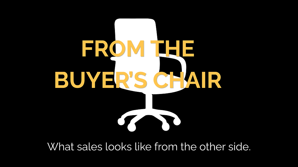 Black banner with a white office chair. Across the chair is a banner that reads: From the buyers chair: What sales looks like from the other side.