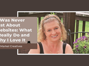 A photo of Cat Markel in a black dress with the text: It was never about the websites