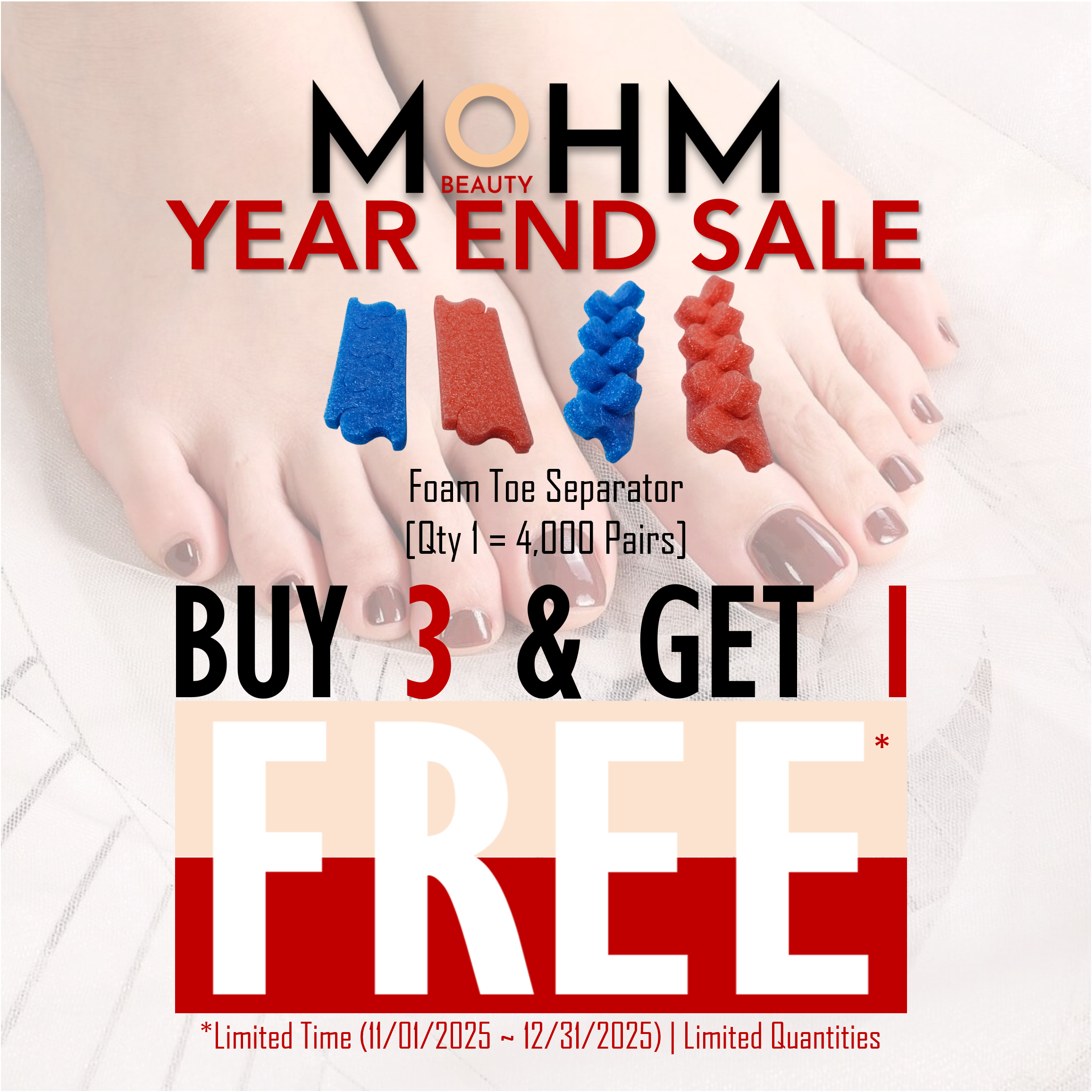 Buy 3 & Get 1 Free - Foam Toe Separator; Assorted Colors