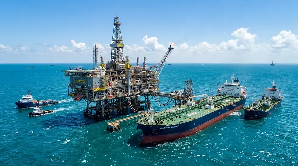 Gulf oil platform loading tankers with crude under bright blue sky, term contracts.