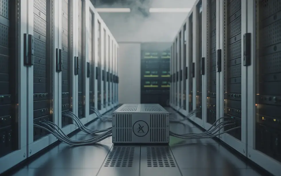 Vignette photoréaliste cinématique d’infrastructure datacenter 2026 : allée centrale avec baies serveurs métalliques, UPS modulaire N+1 au premier plan, capteurs, câblage ordonné, LED froides, refroidissement avancé et liquid cooling avec accents vert énergie, sans texte ni logos.