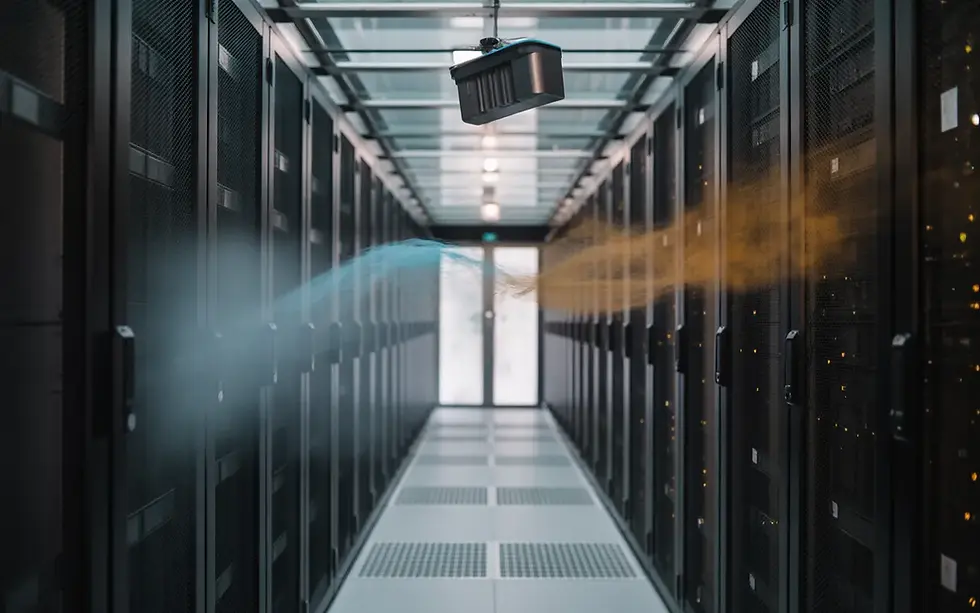 Vignette photoréaliste 16:9 d’un datacenter moderne en perspective, rangées de baies serveurs noires avec voyants discrets, séparation hot aisle/cold aisle par panneaux transparents, flux d’air froid bleuté entrant par grilles (free cooling datacenter) et air chaud légèrement orangé avec distorsion thermique, capteurs température/humidité et unité de filtration visibles, légère condensation contrôlée sur métal, éclairage LED bleu/gris avec accents orange.