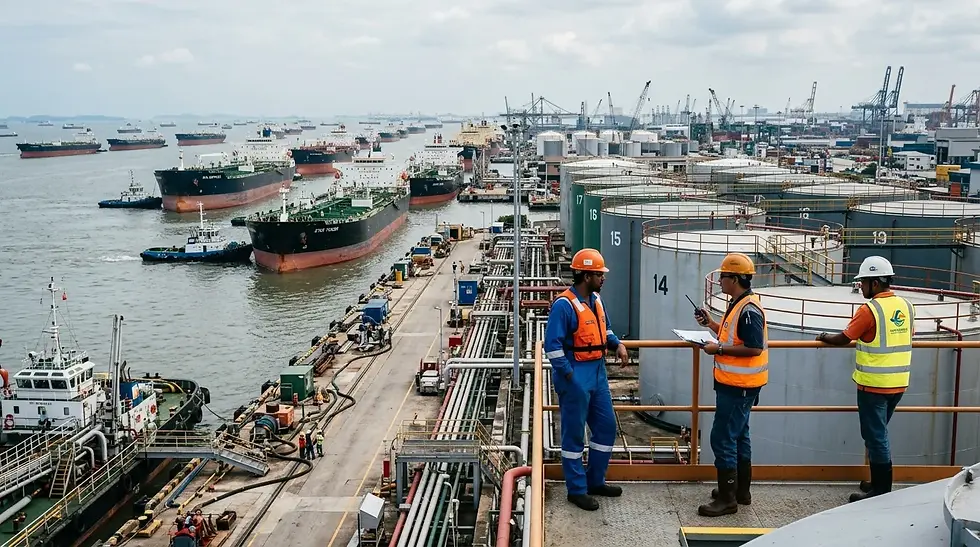 Oil tankers queue at crowded harbor, workers watch fuel storage tanks.