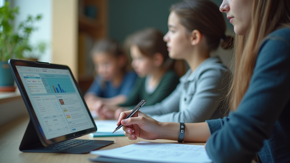 Close-up view of a teacher reviewing student data on a tablet