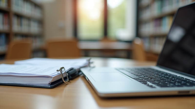 A computer and stack of papers on a desk in a library