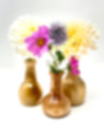 Set of hardwood Bulb shaped bud vases with colourful flowers, handmade from wood