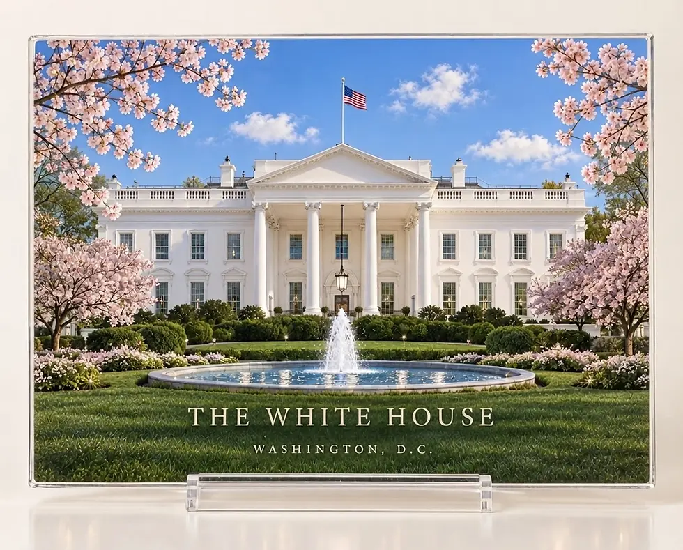 Architectural photography of the White House facade on a sunny spring day, framed by blooming cherry blossom trees. A fountain is featured in the manicured garden.