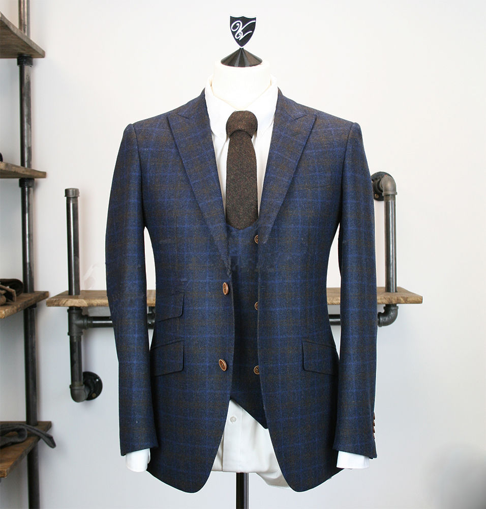 Blue Square Pattern Wedding Suit