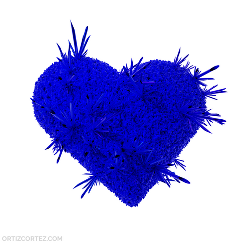 Blue heart made of rice and straws in white square background Vicente Ortiz Cortez_Arroz con Popote_Hearts_Gilbert Blue_1500 queer lgbt art latino.png