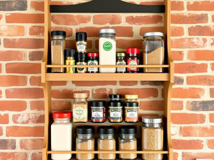 A neatly organized spice rack with labeled glass spice jars, tiered storage shelves, and easy-to-access seasonings in a modern kitchen. This organized spice station showcases practical spice organization ideas, spice storage solutions, and space-saving kitchen organization tips for busy moms.