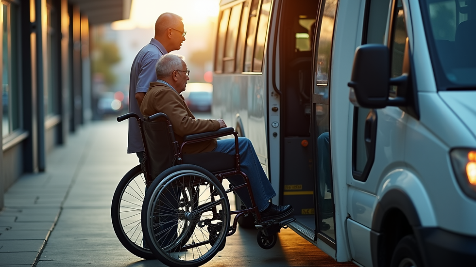 Close-up view of a shuttle driver assisting a senior passenger with a wheelchair ramp