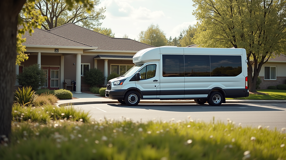 Eye-level view of a shuttle van parked outside a senior citizen community center