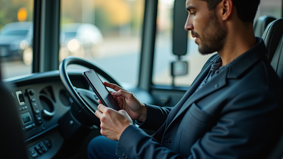 Close-up view of a driver checking a secure digital device inside a shuttle