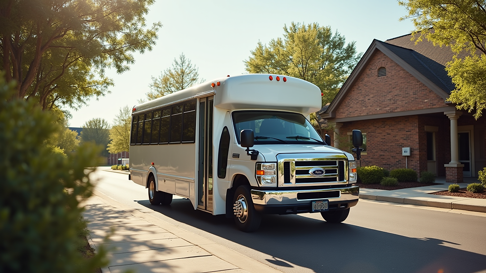 Eye-level view of a community shuttle parked outside a senior citizen community center