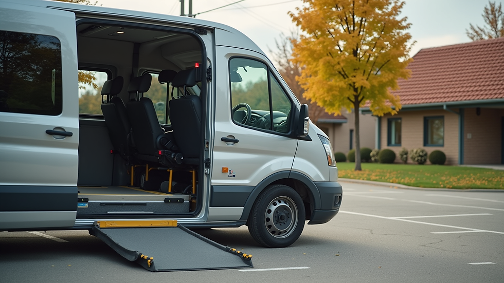Eye-level view of a wheelchair-accessible van parked outside a community center