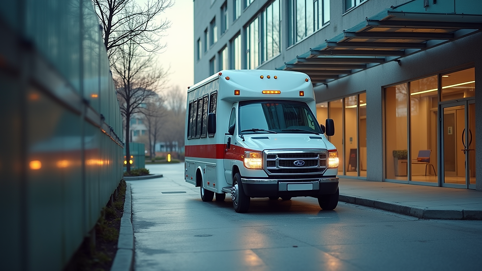 Eye-level view of a medical shuttle parked outside a clinic entrance