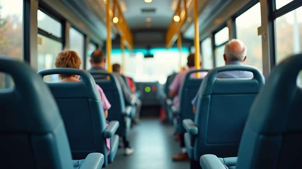 Close-up view of a senior-friendly shuttle interior with comfortable seating and handrails