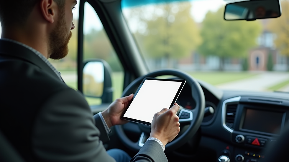 Close-up view of a driver using a secured tablet device inside a shuttle van