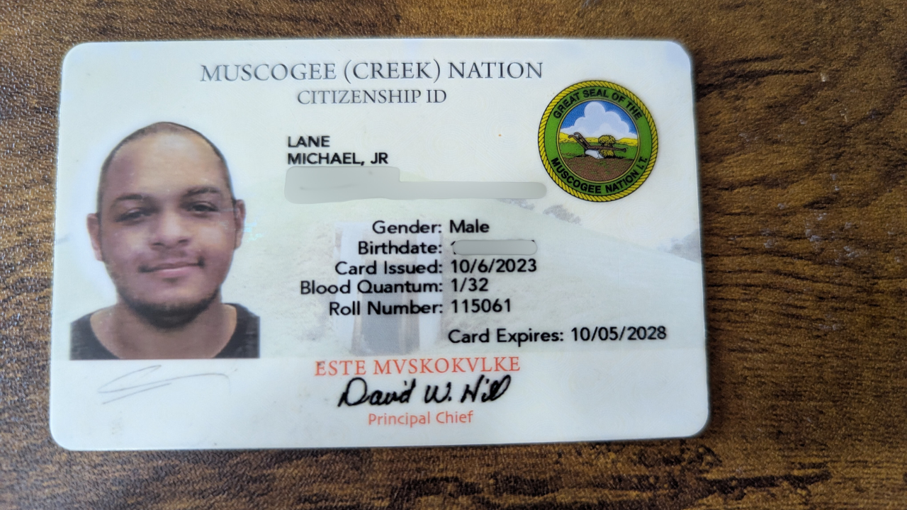 Michael Lane Jr.’s Muscogee (Creek) Nation citizenship card with private fields redacted