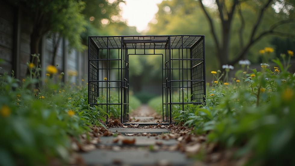 Eye-level view of a metal cage trap set in a garden