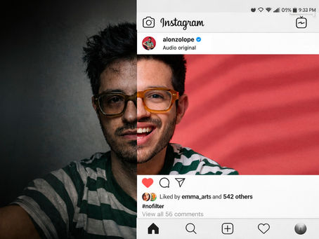 Comparación visual mostrando dos versiones de una persona en Instagram, representando la construcción performativa de marca personal en redes sociales
