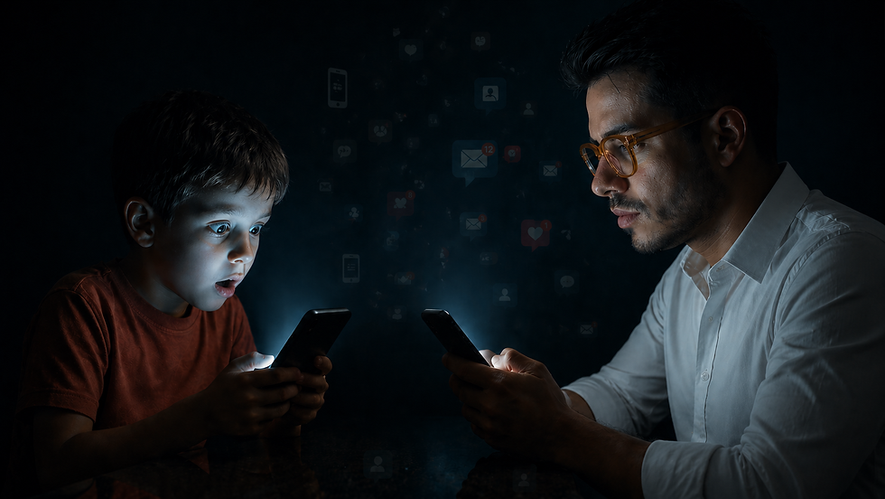 Niño asombrado frente a la pantalla de su celular y adulto con la mirada apagada frente al suyo, ambos rodeados de íconos de redes sociales en la oscuridad