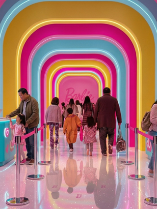 Barbie Dream Fest reimagined registration experience with branded check-in desks, staff in Barbie and Ken costumes, printed badges, and neon arch entry tunnel — experiential marketing redesign by brand strategist Erika Hernandez