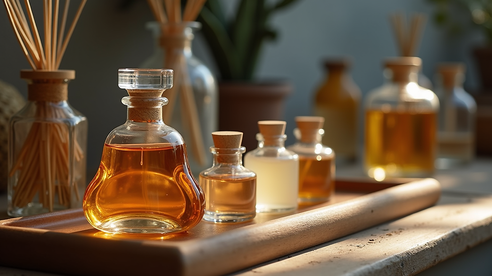 Close-up view of a perfume workshop setup with various fragrance ingredients