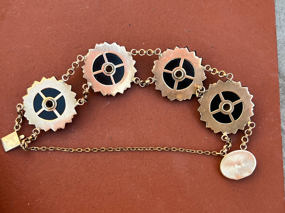 Thumbnail: Stunning Vintage 10K Yellow Gold Carved Onyx & Swiss Blue Topaz Flower Bracelet