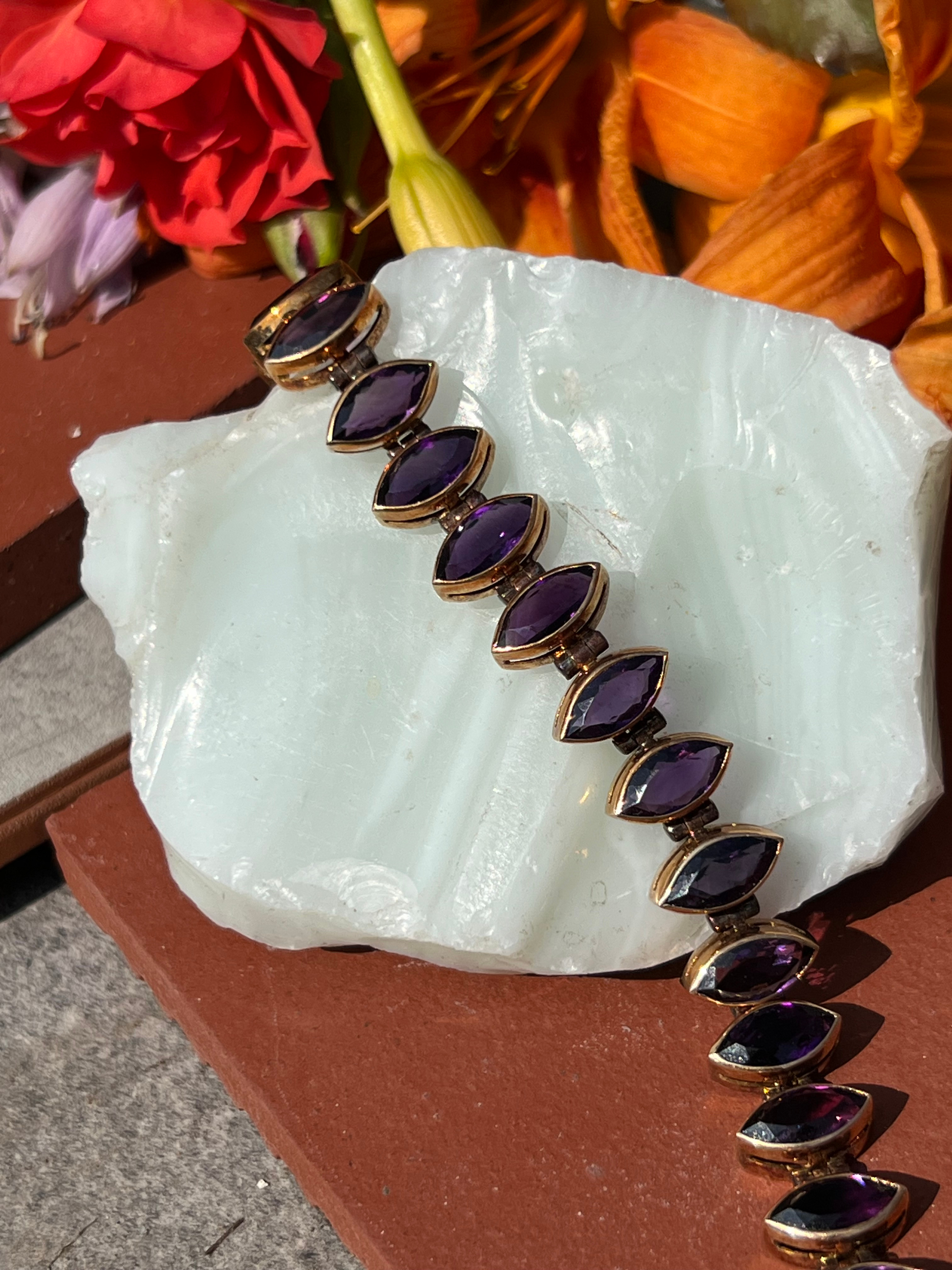 Vintage Mexico Signed 14K Rose Gold Marquise Amethyst Gemstone Tennis Bracelet
