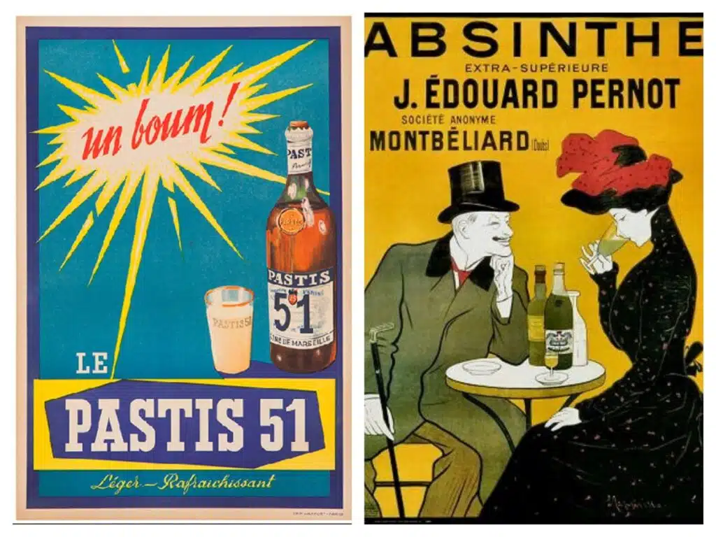 Zwei historische Werbeplakate, ein mal von Pastis 51, eins für Absinth