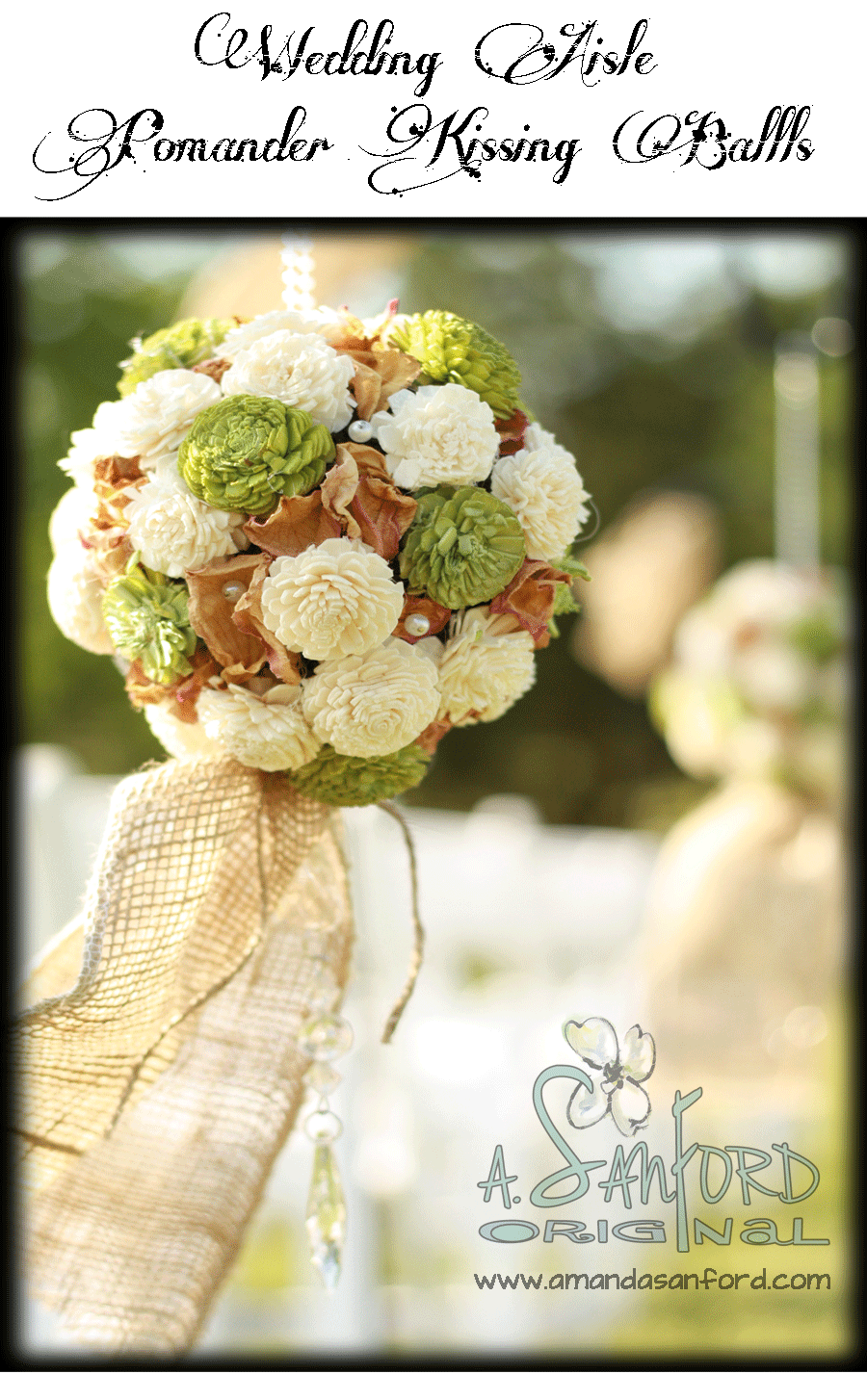 Pearl and dried Sola Shell Flower and Rose Burlap Pomander Balls, kissing balls, aisle pink, green, ivory, cream, twine