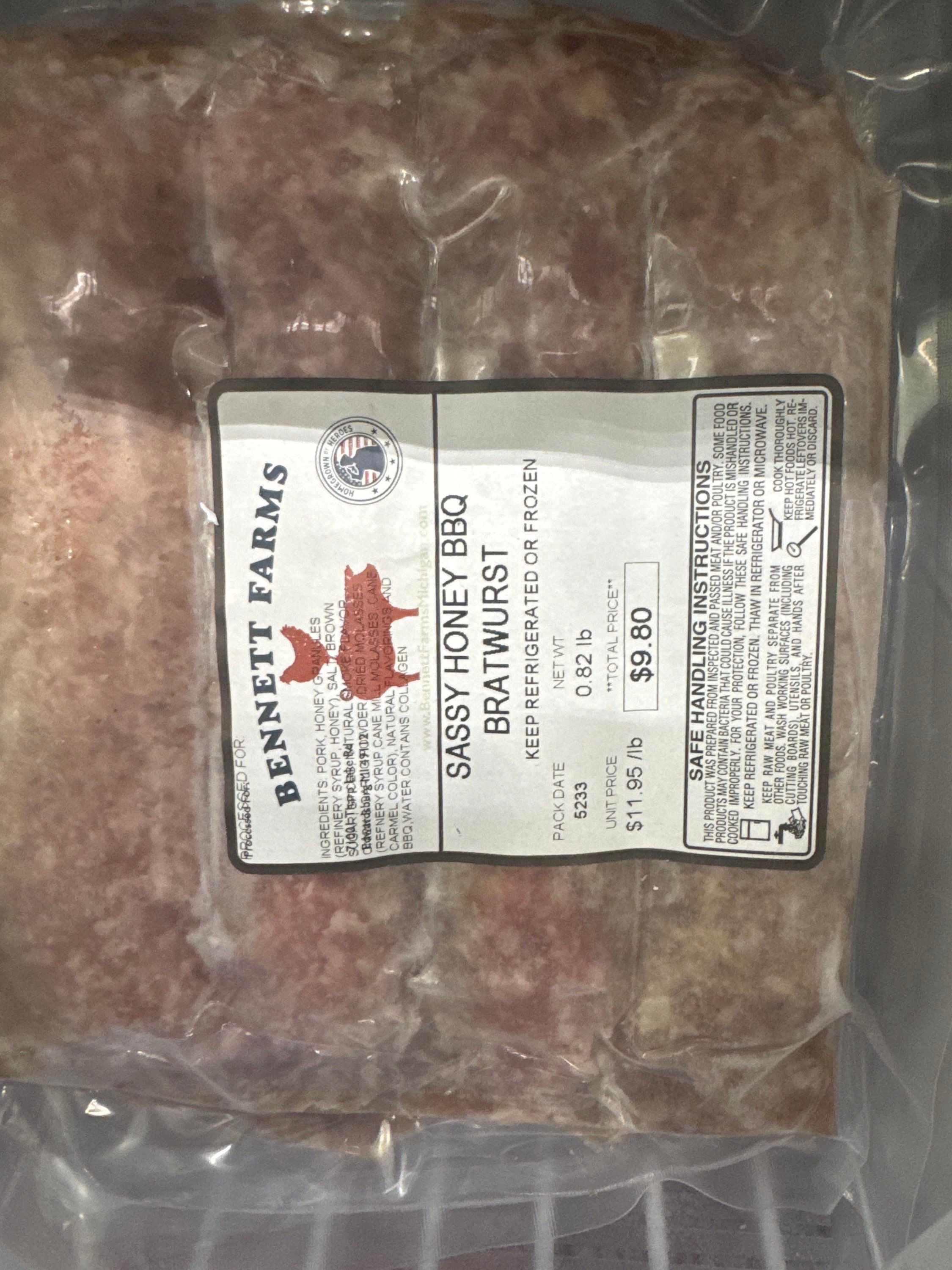 Bennett Farms Chicken Brats – Sassy Honey BBQ (Raw, Sold by Weight)