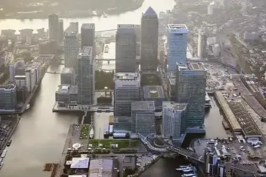 One Canada Square and Canary Wharf financial district in London.