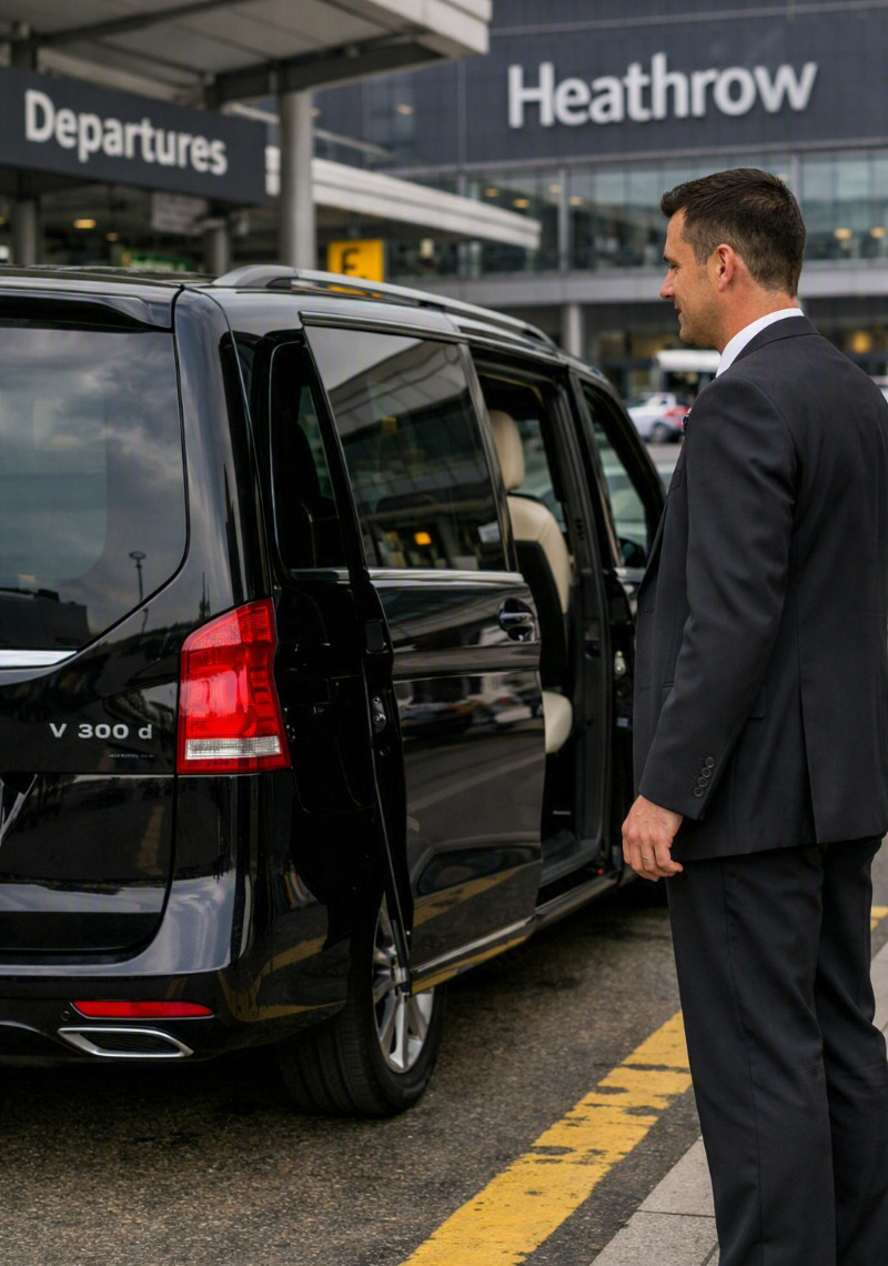 Close-up view of a chauffeur opening the door of a luxury vehicle at Heathrow Airport