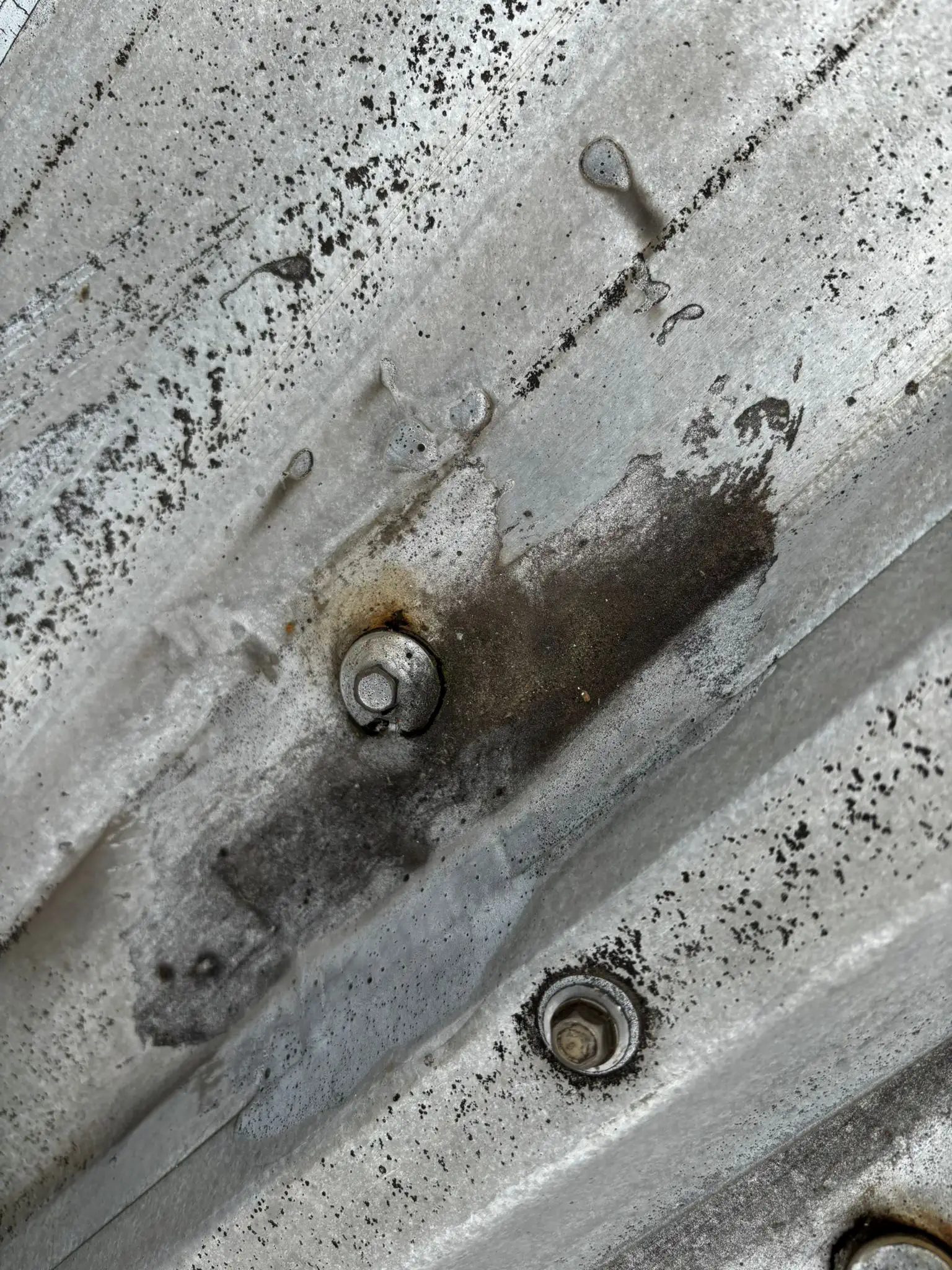 Undichte Dachverschraubung auf Blechprofil: Korrodierte Dichtscheibe und gelockerte Schraube als Ursache für Feuchtigkeitseintritt am Trapez-Blechdach.