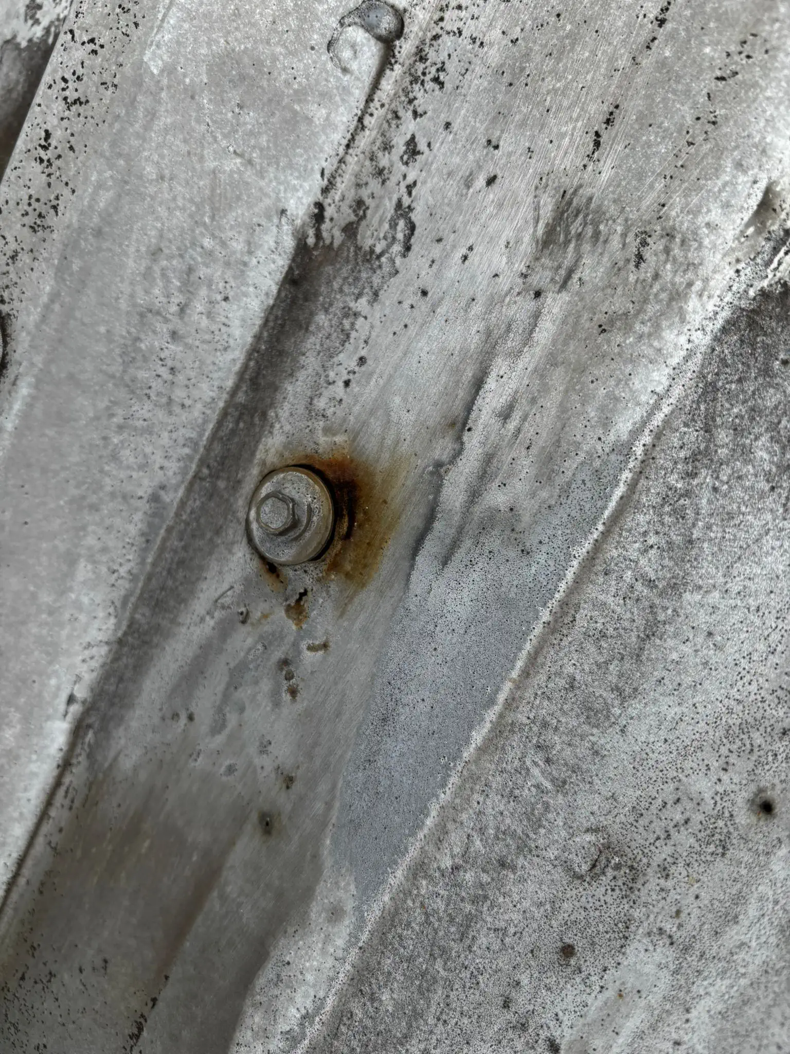 Undichte Dachverschraubung auf Blechprofil: Korrodierte Dichtscheibe und gelockerte Schraube als Ursache für Feuchtigkeitseintritt am Trapezdach.