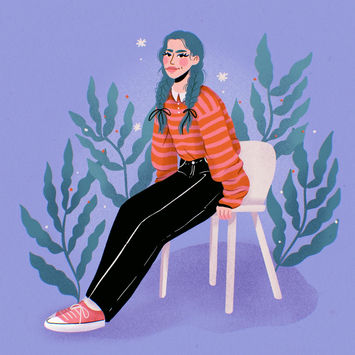 full body illustration of a white girl with green hair sitting on a chair with her legs straight in front of her. she wears a striped pink and orange sweater and black pants. there are some foliage coming behind her in the background