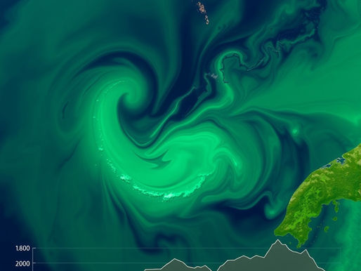 Satellite imagery showing chlorophyll-a concentration and algal bloom patterns in a marine environment.
