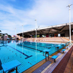 Yio Chu Kang Swimming Complex pools among palm trees